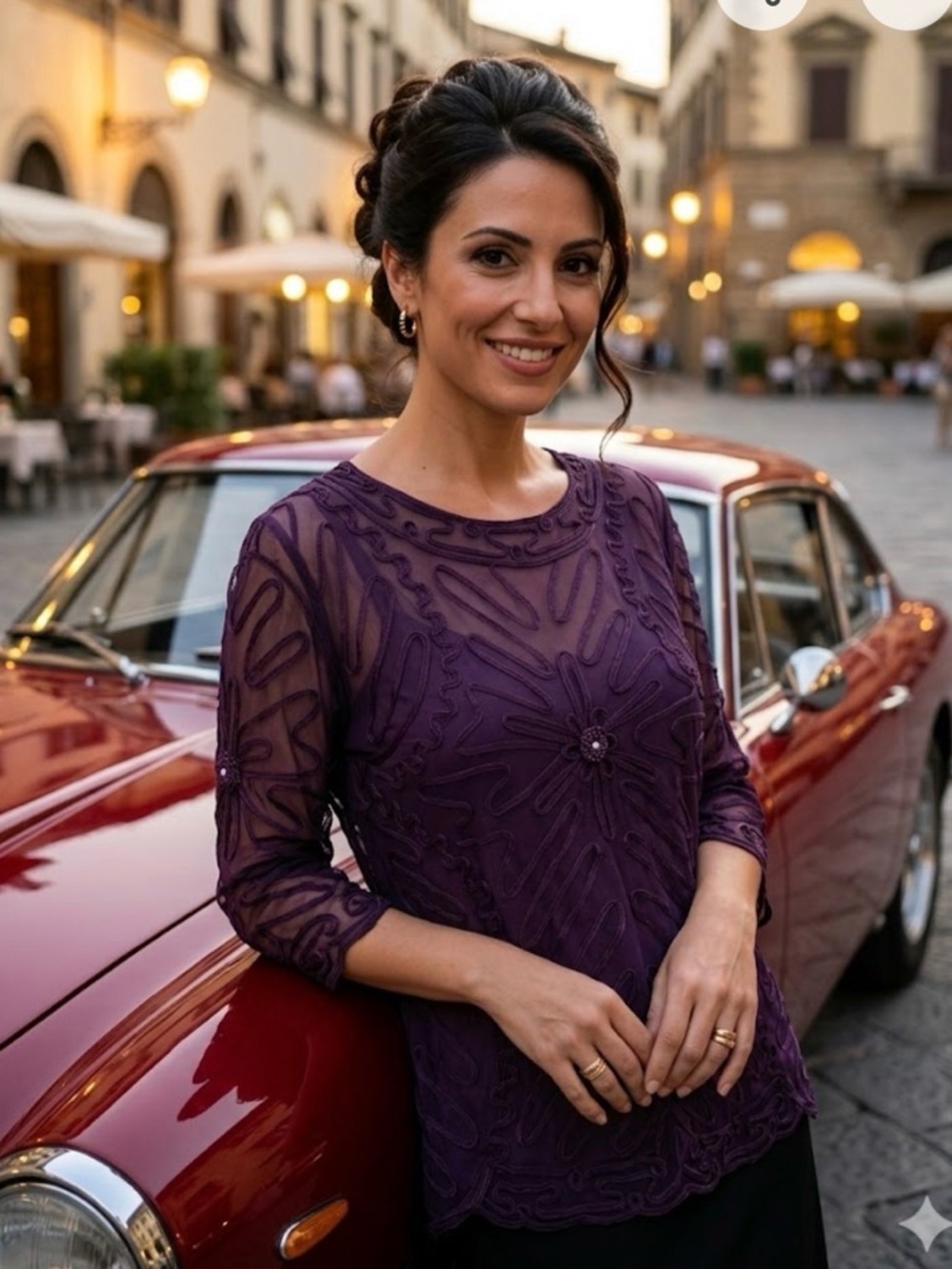Maccine Purple Sheer Mesh Embroidered Blouse